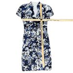 Theia Blue White Black Floral Faux Button Front Mandarin Collar Sheath Dress 2 Photo 3