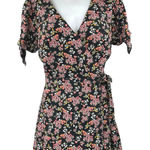 Ann Taylor LOFT Black Multicolor Floral Shorts Sleeve Mini Wrap Dress Size 8 Photo 0