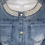 Denim Jacket with Lace and Pearl Details Blue Photo 2