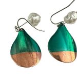 Boutique Teal And Gold Tear Drop Earrings Hook Back Faux Pearl Photo 2