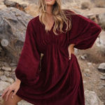 Stunning Boho Chic Rich Wine Red Velvet Ribbed V Photo 0