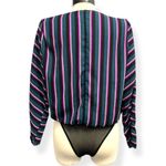 ASTR  Women’s Plunging V Neck Bodysuit Blue Pink Stripe Long Sleeve Top‎ Size Med Photo 1