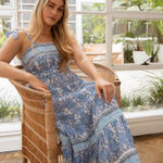 Azure nwt  soirée maxi dress block printed belted beautiful dress blue L Photo 0