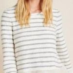 Maeve  x Anthropologie Astor Fur-Trimmed Top Cream Gray XS Stripes Long Sleeve Photo 1