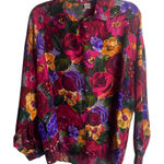 EXPRESS Vintage  Size M Silk Floral Button Down Blouse Shirt Top Funky Colorful Photo 0