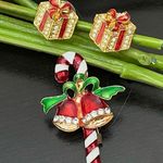 Vintage Happy Holidays Christmas Present Gift Earrings & Candy Cane Brooch Set Photo 0