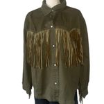 NWT Olive Green Fringe Western Shacket Jacket Boho Festival Cropped Button Up Size XL Photo 2