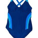 LAND'S END One Piece Sporty Swimsuit Blue w Stripes Women’s 16 P Petite Size 16P Photo 0