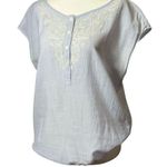 Loft Womens Cap Sleeve Blouse With Embroidered Front Button Placket Blue Size M Photo 2