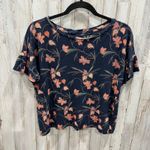 Loft  Navy Floral 100% Linen Ruffle Sleeve Shirt Blouse Womens Small Photo 0