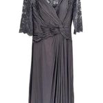 La Femme Ruched Twist Lace Sleeve Column Formal Gown in Gunmetal Gray Size 12 Photo 2