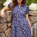 Sail To Sable  Autumn Leaf Print Puff Sleeve Shirt Dress - Hydrangea/Navy Size L Photo 0
