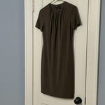 Theory ruched crew neck mini dress olive green size small pima cotton minimalist Photo 1