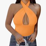 REORIA  Butsmooth® Women's Trendy Sexy Criss Cross Halter Neck Sleeveless Thong Bodysuits Tops Clubwear Photo 1