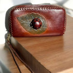 Handmade  Brown Leather Wallet with Ladybug on leaf Design Wristlet Photo 0