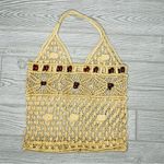 Vintage 70s macrame wood beaded market bag purse beach bag rope floral Brown Photo 1