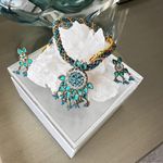 Ethnic Indian Necklace & Earrings Set – Turquoise Crystal Design Blue Photo 3