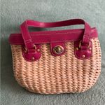 Vintage Vegetable Fiber Woven Basket Purse Top Handle Bag Pink Tan mirror Photo 1