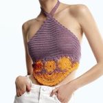 ZARA crochet knit halter neck crop top lace floral flowers plum orange 2142/157 Photo 5