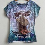 Texas Cowgirl Pastel Purple Green Western Rhinestone Short Sleeve Graphic Tee Multiple Size L Photo 0