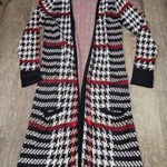 Valerie Stevens  Black Red White Houndstooth Knit Longline Cardigan Sweater Large Photo 0