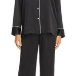 Natori  Black Satin Pajama Set Button Down Long Sleeve/Pants White Piping Medium Photo 0