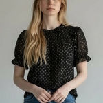 J.Crew  Black Gold Dot Sheer Puff Sleeve Smocked Neck Blouse Top Size M Photo 0