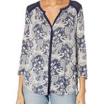 Lucky Brand Printed Woven Mix Top Button Front Navy Size Medium M EUC L1448 Photo 0