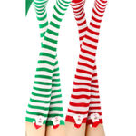 1 PAIR LEFT!! Women's Holiday Green & White Striped Santa Over The Knee Sock Photo 3