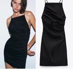 ZARA  Black Linen Sleeveless Ruched Cross Back Cami Camisole Mini Tank Dress M Photo 1