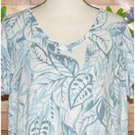 Tahari  Womens Blue Linen V-Neck Short Sleeve Shirt Top Plus Size 1X Leaf Pattern Photo 1