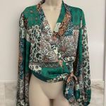 Lulus *NWT* Lulu’s Green Satin Scarf Print Wrap Top Photo 9