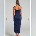 Showpo Lieselotte Midi Dress Ruched Front Split Cowl Neck Satin NEW Navy Blue 14 Photo 2