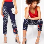 Ted Baker Navy Floral Butter Fly Print Ruffle High Waist Tapered Leg Pant Size 4 Photo 1