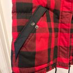 Eddie Bauer Womens Red Buffalo Plaid Hooded Goose Down Puffer Vest Fur Trim L Photo 1