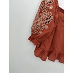 Solitaire  Top Women Large Orange Embroidered Button Back Boho Swiss Dot Ruffle Photo 2