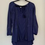 Lucky Brand  Lace Navy Blue Blouse Top Peasant High Low Tassel Size Medium Photo 4