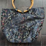 Vintage Asian Black Floral Embroidered Bamboo Handle Small Hand Bag Photo 2