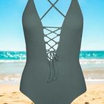 Cupshe NEW Ribbed Sage Green V-Neck Lacey Vacation One Piece Swimsuit Size S Photo 1