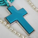 Statement Turquoise Seed Bead and Faux Pearl Necklace Cross Pendant Set Blue Photo 6