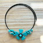 Faux Turquoise Flower Beaded Choker Necklace Boho Statement Gemstone Black Photo 2