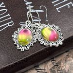 Vintage Neon Rainbow Glass Cabochon Reflective Stainless Steel Dangle Earrings Photo 4