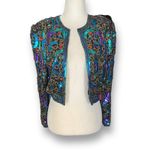 Scala Vintage  Silk Sequin Beaded Collarless Jacket Jewel Tone Crop Glam Petite Photo 3