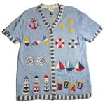 Vtg 1990s Quacker Factory Blue Knit Nautical Applique Short Sleeve Cardigan Sz M Size M Photo 0