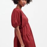 Madewell  Puff Sleeve Mini Dress Poplin Claret Burgundy A Line Pockets Large NWT Photo 3