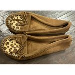 Minnetonka  Womens Size 9 Brown Moccasins Slip Ons Leopard Leather Calf Hair Dyed Photo 0