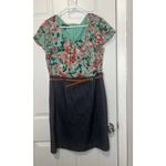 ALYX Dress Turqoise Floral/Denim Ruffle Cap Sleeve w/ Empire Waist Belt Size 14 Photo 1