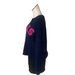 EXPRESS NWT  Navy Blue  “PARIS” Sweater Pink Fuzzy Letters Cozy Knit Pullover L Photo 4