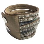Wide Leather Cuff Bracelet Rhinestones Double Snap Closure Adjustable Fit u Fash Silver Photo 0