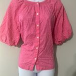 ON 34TH Pink Eyelet Cotton Puff Sleeve Button Up Blouse Top Women's Size L Size L Photo 0